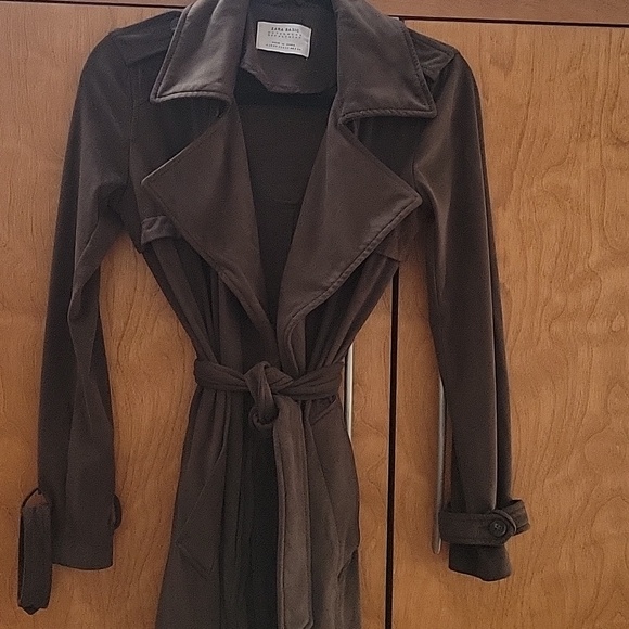 Zara Olive Green Long Faux Suede Trench Coat XS - Picture 11 of 11